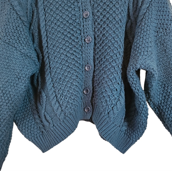 Molly Bracken Chunky Cable Knit Cardigan Sweater Teal Blue Green, Size L - Picture 3 of 7